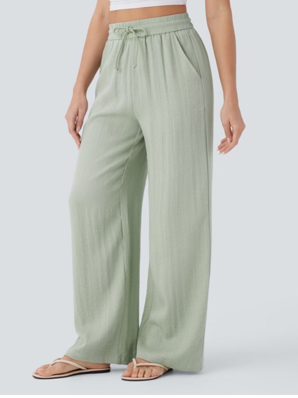 Halara High Waisted Wide Leg Baggy pants Drawstring Pocket sage green XS Petite